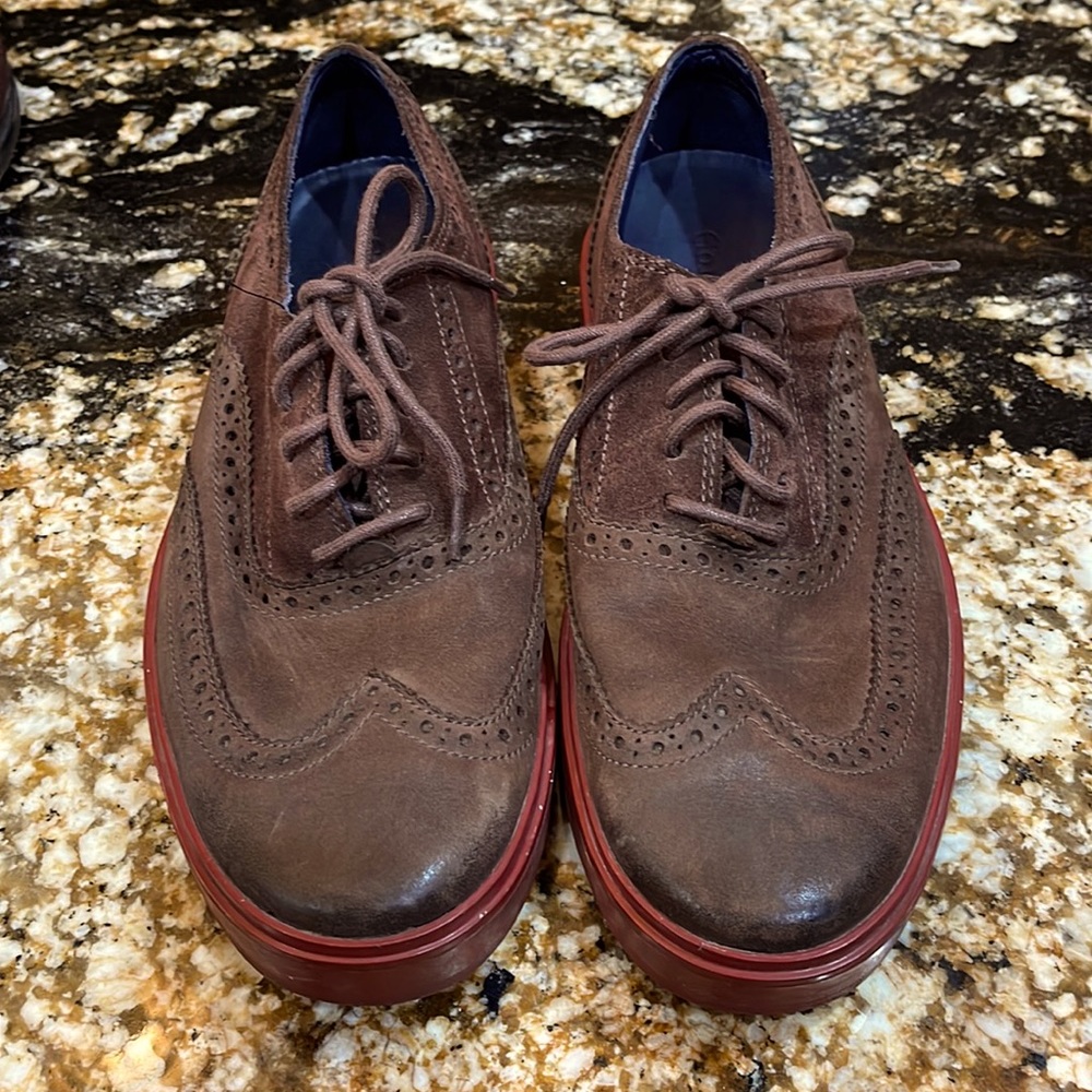 Cole Haan Brown Suede Wingtip Oxfords with Red Soles